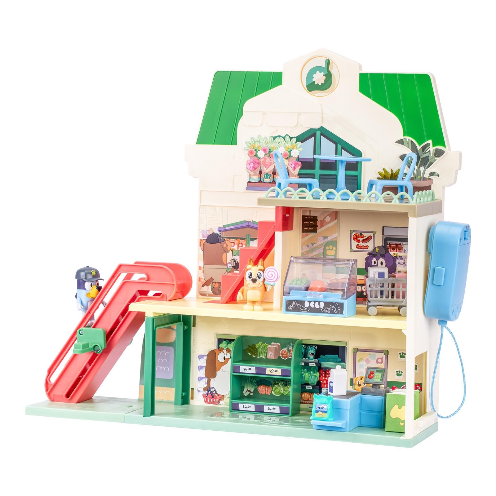 Rocco Giocattoli | Il Supermercato di Bluey - Playset con 2 Action Figures, Accessori e adesivi