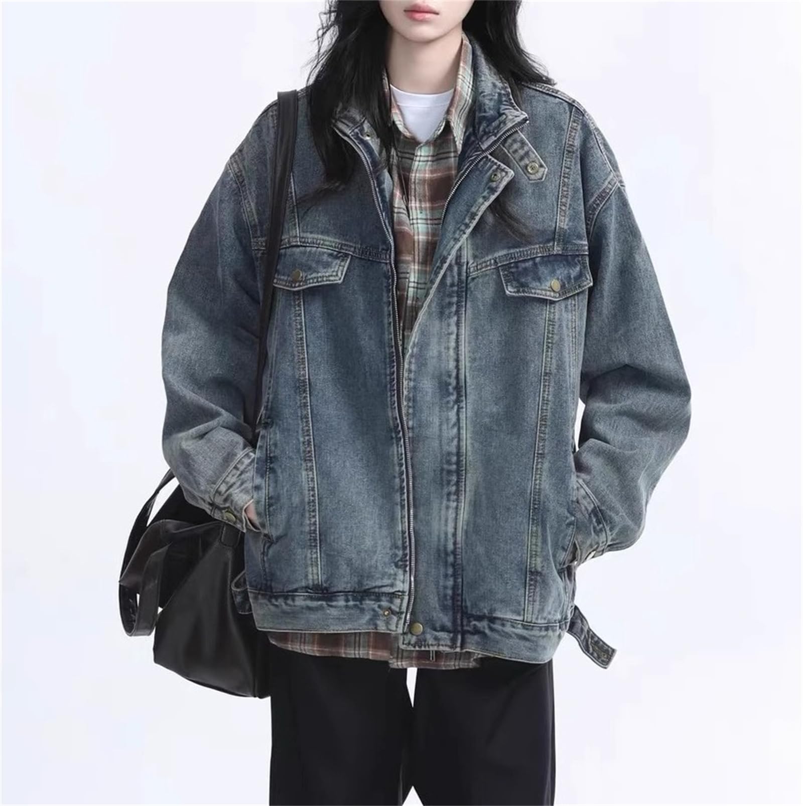 Chaqueta de mezclilla con cremallera para mujer, estilo vintage, estilo callejero, estilo camionero