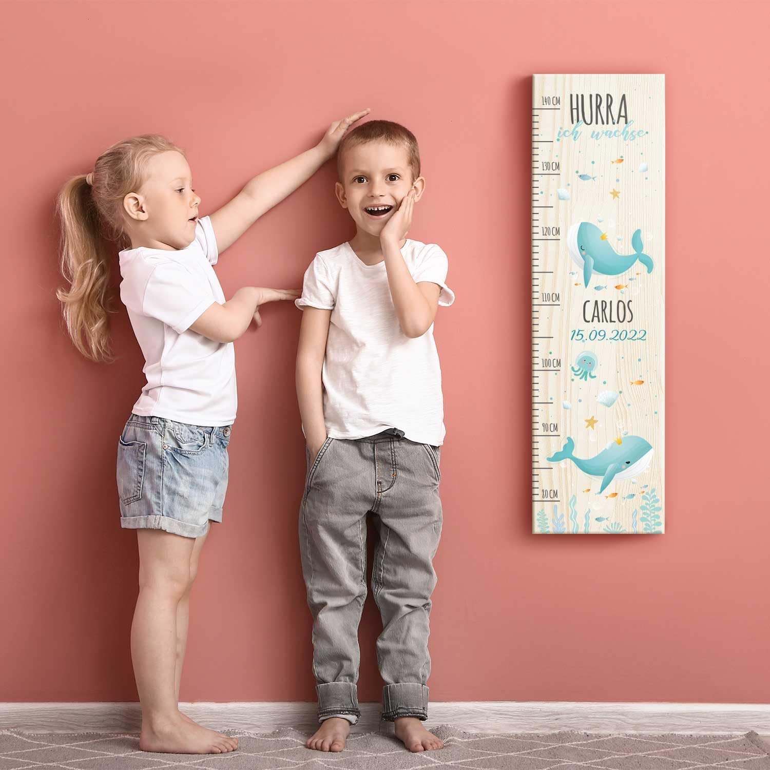 GRAVURZEILE Messlatte für Kinder aus Holz - Wal Design - mit Namen & Datum für Kinderzimmer - Skala misst 80-140 cm - Größe 20 x 70 x 2 cm - Geschenk zur Geburt für Mädchen & Jungen