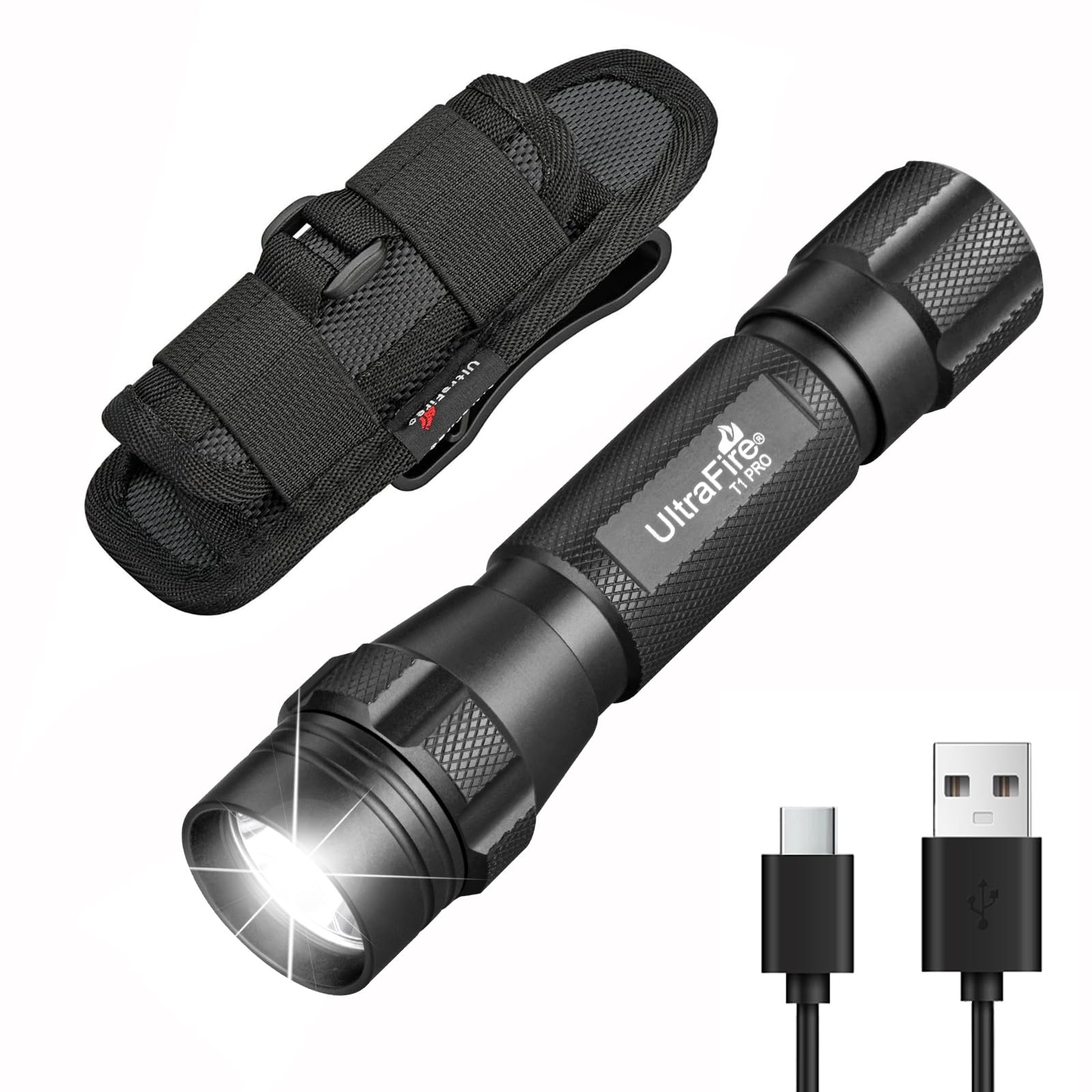 ULTRAFIRE Tactical Flashlight with Holster, 1000 High Lumens Law Enforcement LED Flashlight with Belt Holder, 3 Modes Bright Police Flashlights with