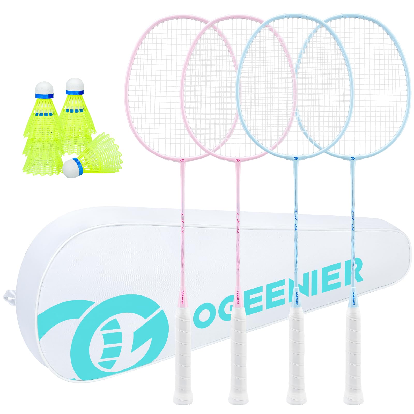 OGEENIER Badmintonschläger, Leichtgewichtiger Badminton Schläger Profi, inkl. 4 Badminton Schläger,6 Federball und 1 Badmintonschläger mit Tasche für 4 Personen