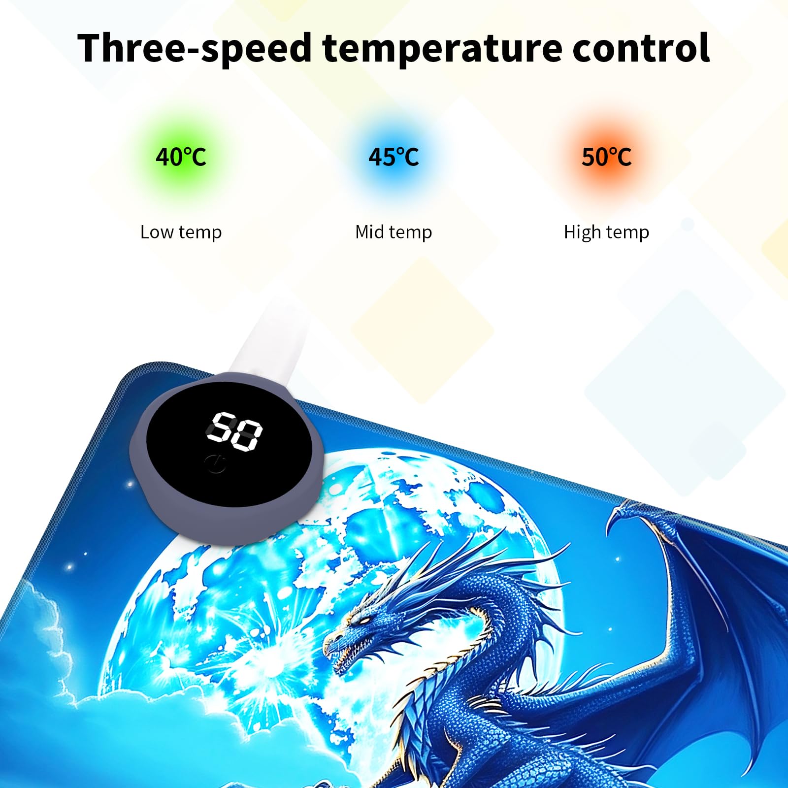 Tapis de souris chaud avec 3 niveaux de chauffage et arrêt automatique en 3 heures - 80 x 33 cm - En cuir synthétique - Pour la maison et le bureau - Dragon