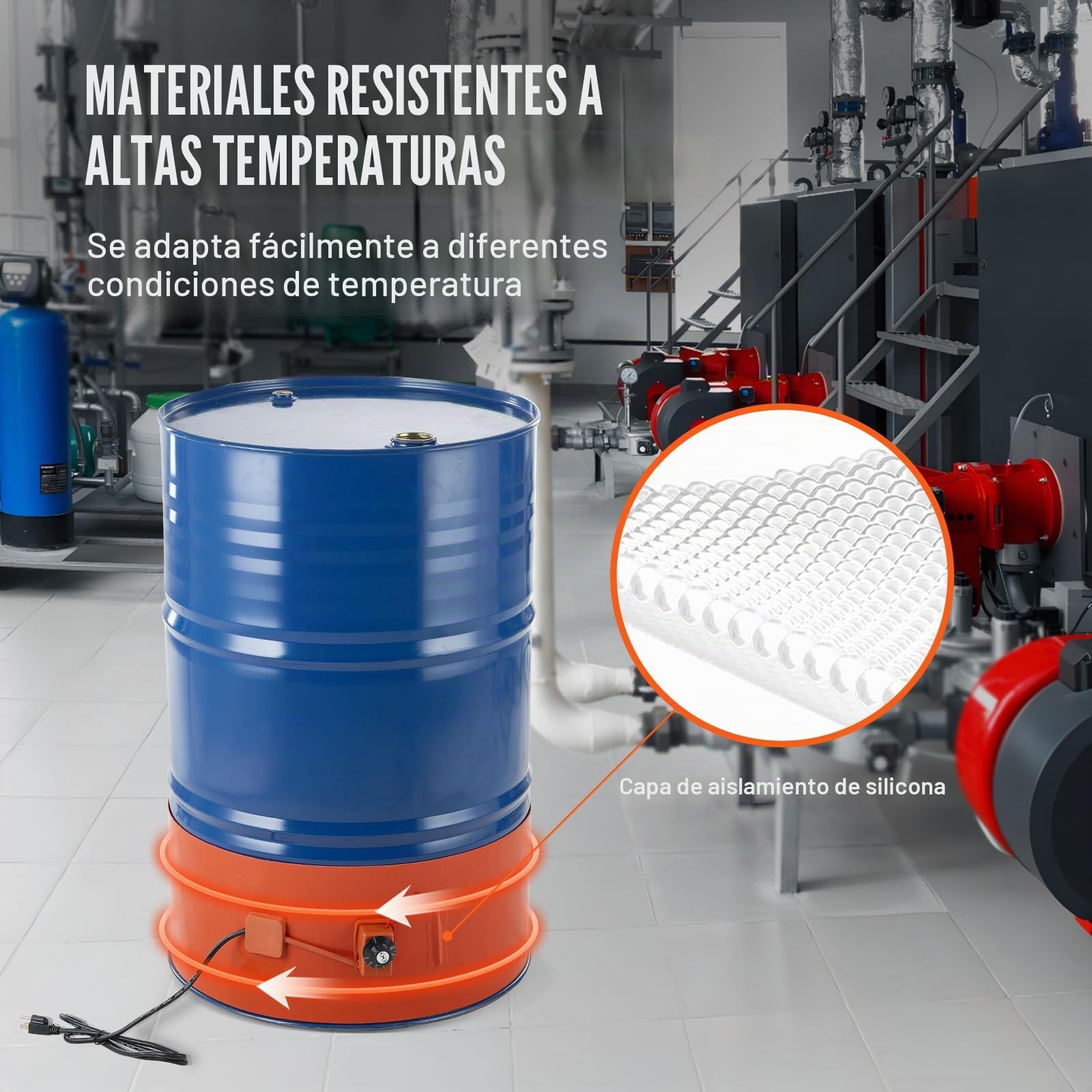 VEVOR Calentador de Bidón de Metal 1200W Correa Calefactora para Bidón 55 Galones Ancho 250mm Termostato Ajustable 30~150°C Correa Calefactora de Bidón de Grasa de Silicona Alta Eficiencia, Naranja