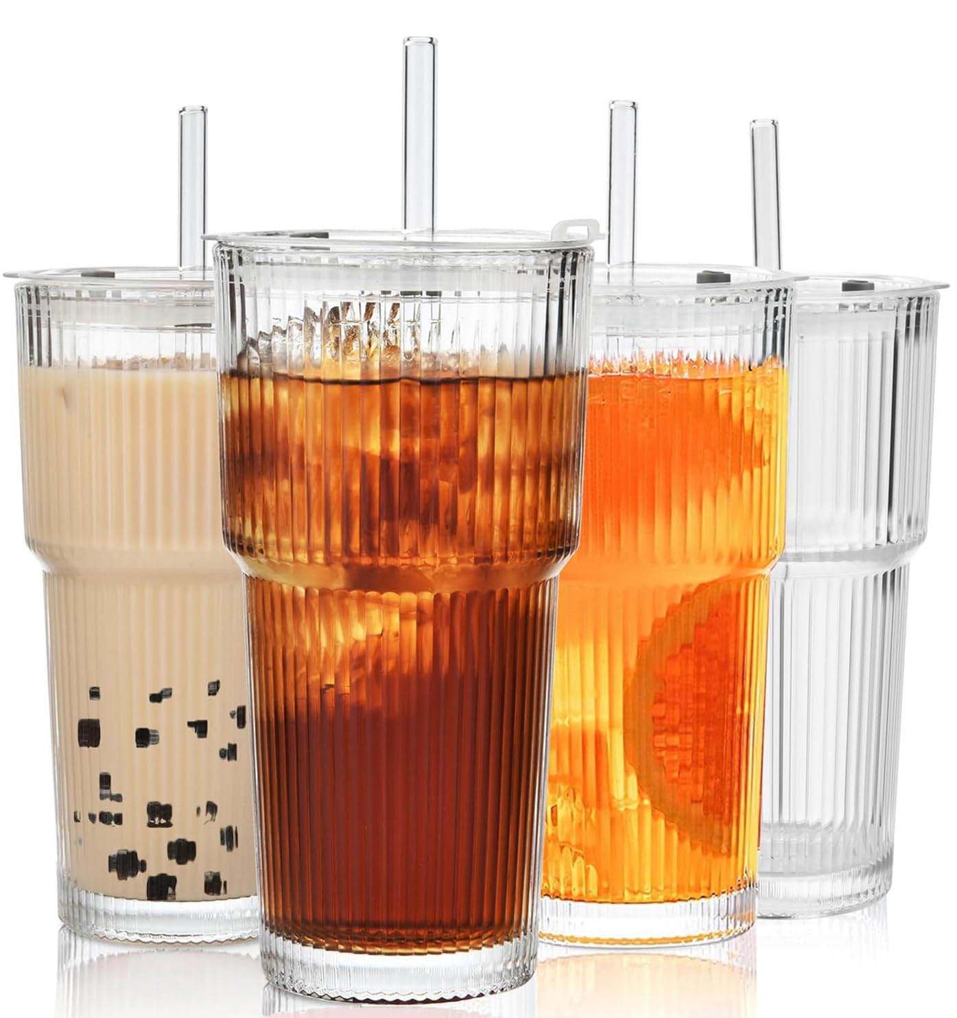 ALINK 4 Pack 20 oz Ribbed Glass Tumblers with Lids and Straws Glassware Cups Set, Thickened Glass, Ideal for Iced Coffee, Smoothies, Cocktails,Juices