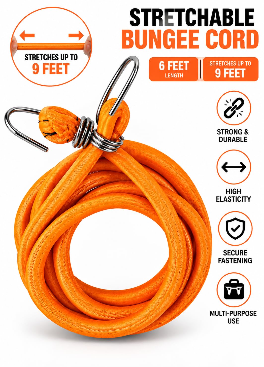 Gellon Bungee Cord, 6 Feet Stretchable Elastic Rope with Hooks, Extends Up to 9 Feet, Luggage Tying Rope for Bike, Car, Travel & Utility Pack of 1 — Amazon image 2