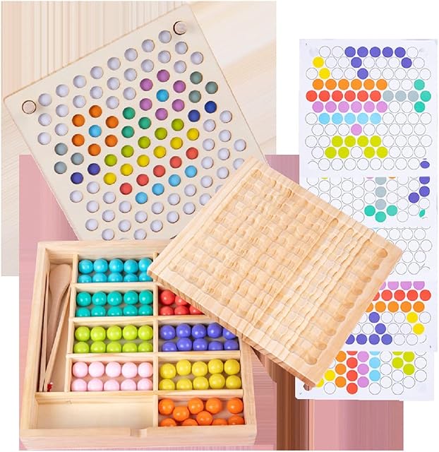 MIAODAM Wooden Clip Beads Board Game, Montessori Educational Wooden Toy, Rainbow Puzzle Board, Clip Beads Game, Puzzle Board, Early Educational Board Game for Children 2-7 Years