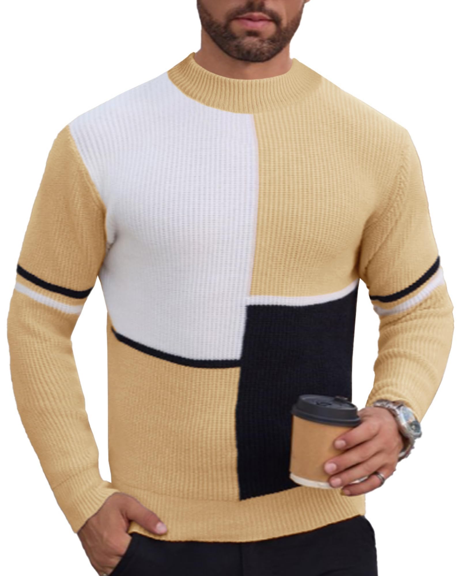 crazy bean Maglione Uomo Invernale Collo Rotondo Maglia Dolcevita Patchwork Felpa Lupetto Lupetto a Maglia Slim Fit