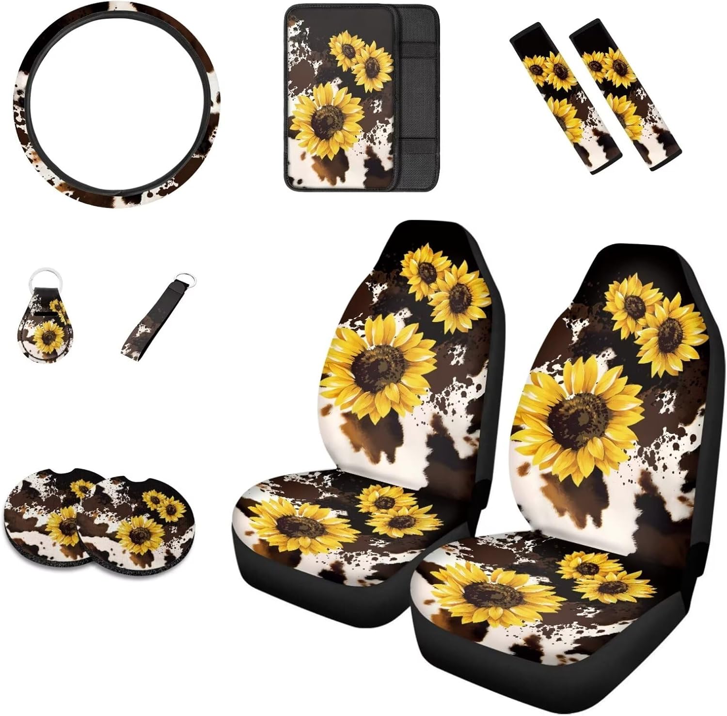 Howilath Cow Sunflowers Pattern 10pcs Car Front Seat Covers/Steering Wheel Cover/Seatbelt Pads/Keychain/Armrest Cushion/Coasters Vehicle Seat Protector Accessories