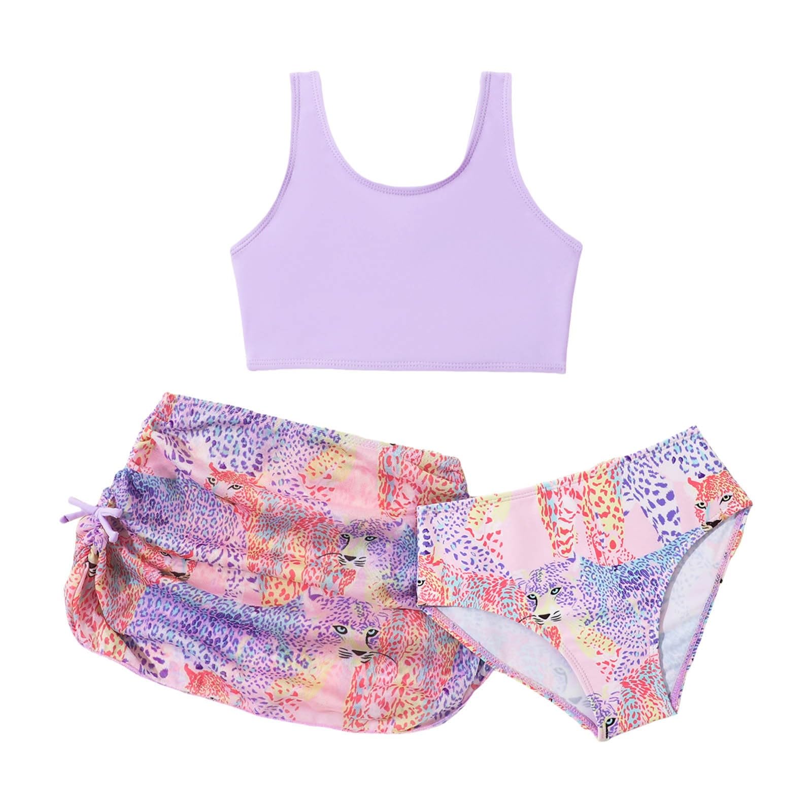 Cokbyavla Girl's 3 Piece Swimsuit Tropical Print,3 Girls Bikini Full Coverage Swim Suit Teen 6T Bathing for Toddler Girl Swimsuit(38Purple,6-7 Years)