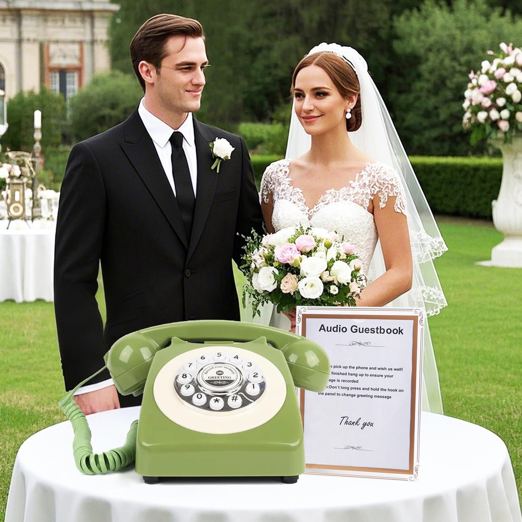 Livre d'or audio à enregistrement vocal – Livre d'or pour mariages, fêtes prénuptiales, anniversaires | Enregistreur vocal rétro | Téléphone à mémoire rechargeable par USB | Cadeau de mariage