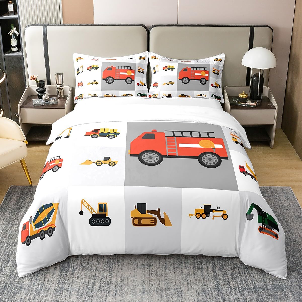 Equipment Trucks Door 100% Cotton Duvet Cover Super King Construction Bedding Cotton Duvet Cover Set Car Excavator Tractor Bedding Set Construction Vehicles Bedding Set Cover Red Yellow Bedspread