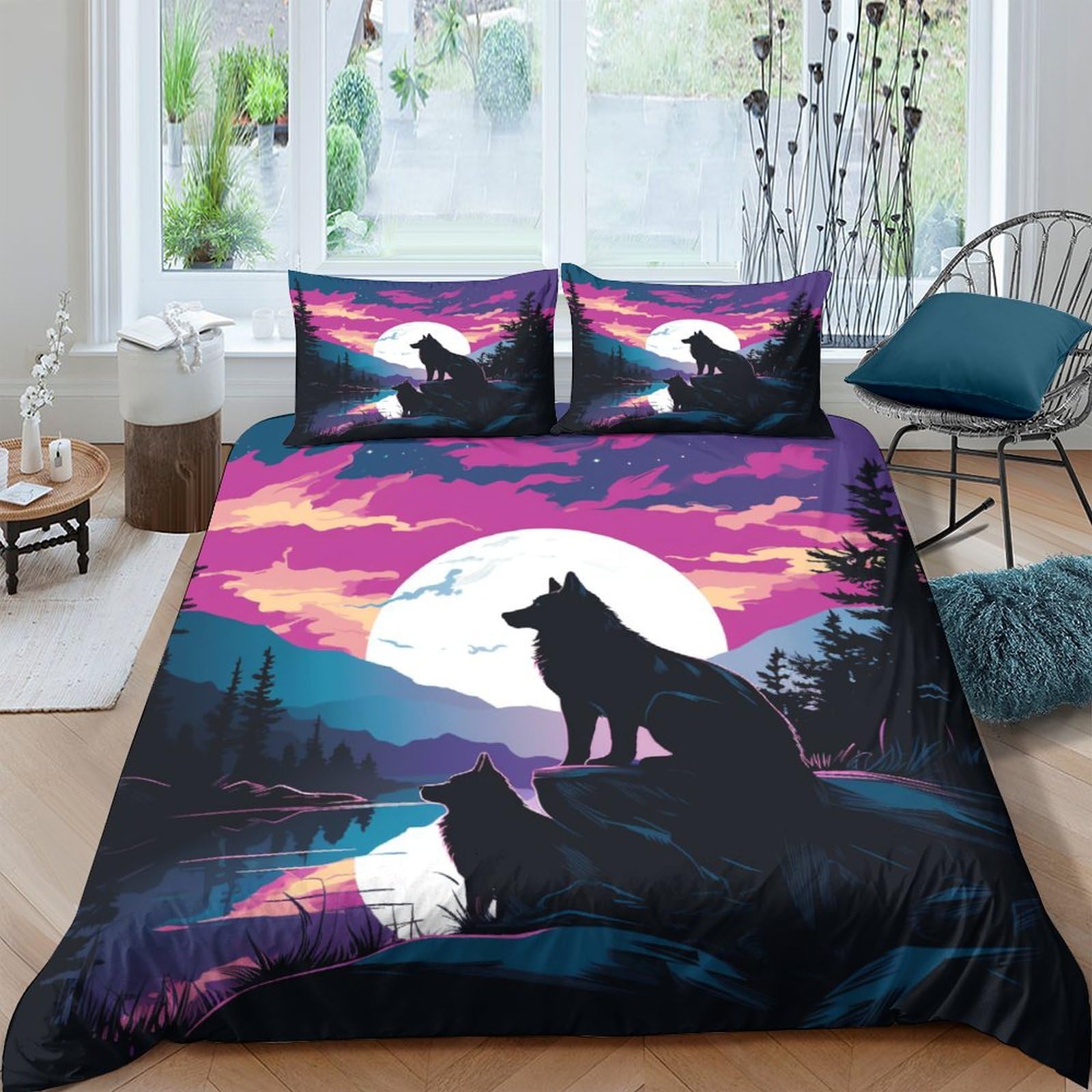 Housse de couette hypoallergénique et taies en microfibre ultra douce motif loups