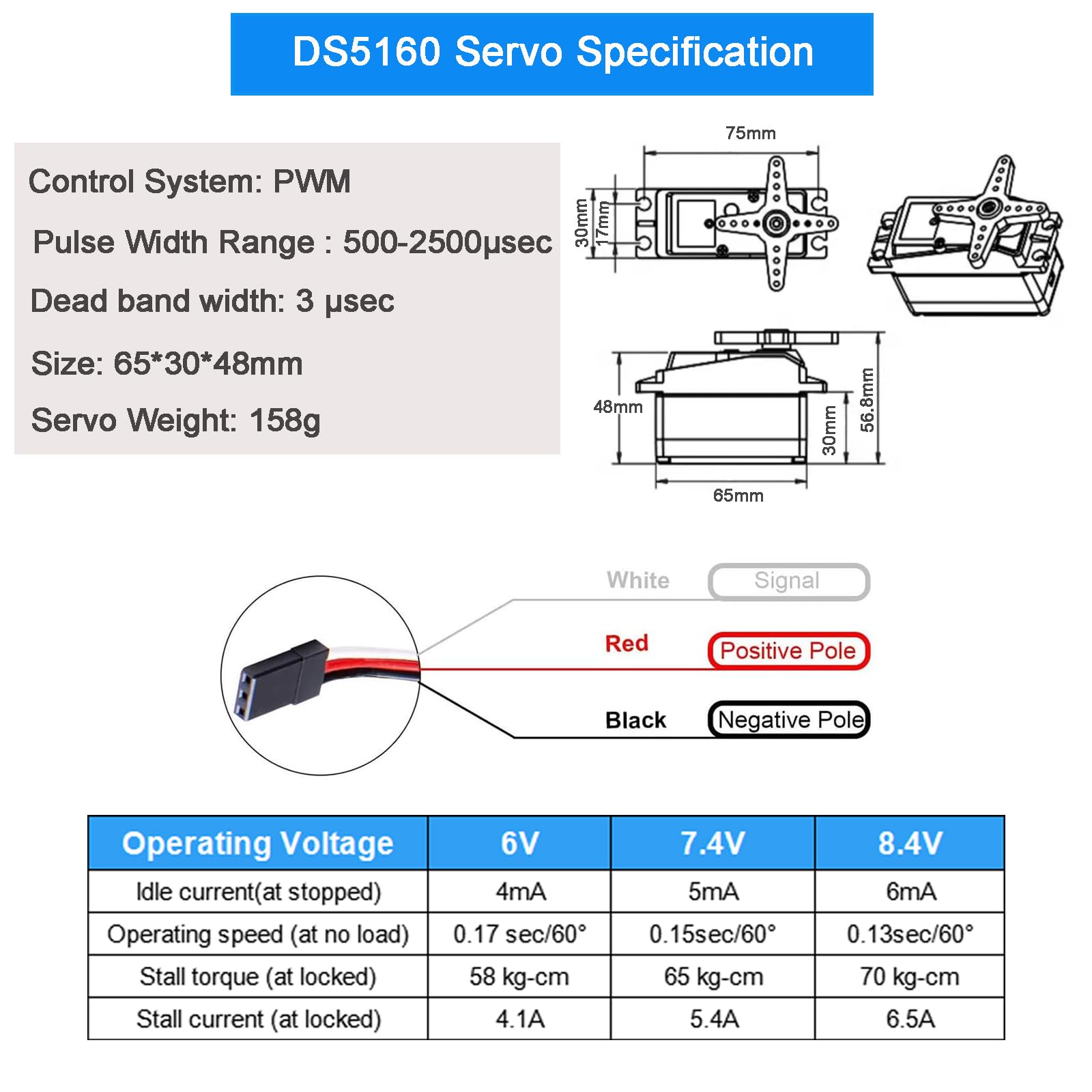 Servo digitale 60KG 6V-8.4V DS5160 Ingranaggio in acciaio inossidabile ad alta tensione Grande coppia ad alta velocità impermeabile RC Servo per 1/5 Baja Car Truck Buggy Progetti robotici