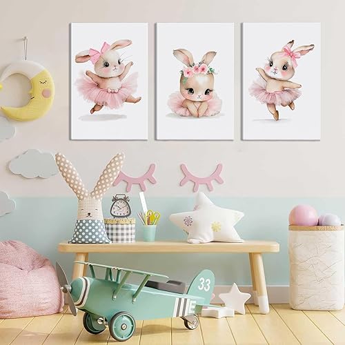 Miniatura 5 de 3 Pcs Pink Bunny Wall Art for Nursery Baby Room Cute Posters Prints Wall Decor Pictures Pink Preppy Dress Rabbit Ballet Artwork Canvas Paintings for