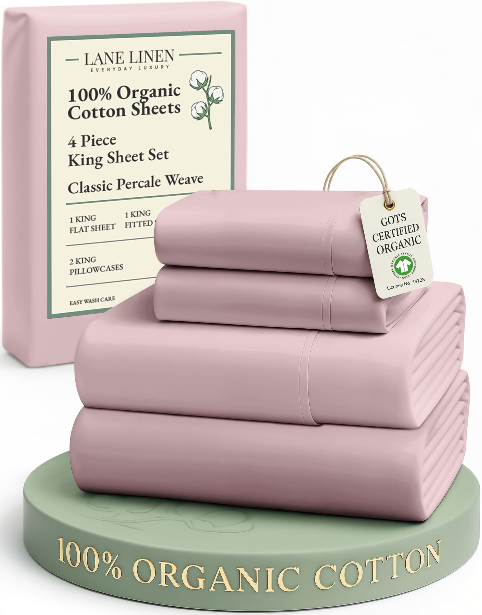 LANE LINEN 100% Organic Cotton King Size Sheets Set, Machine Washable Fully Elasticized Low Pill Fade Resistant Cotton Sheets, Soft & Comfy Percale Eco Friendly All Season sábanas King -Sepia Rose