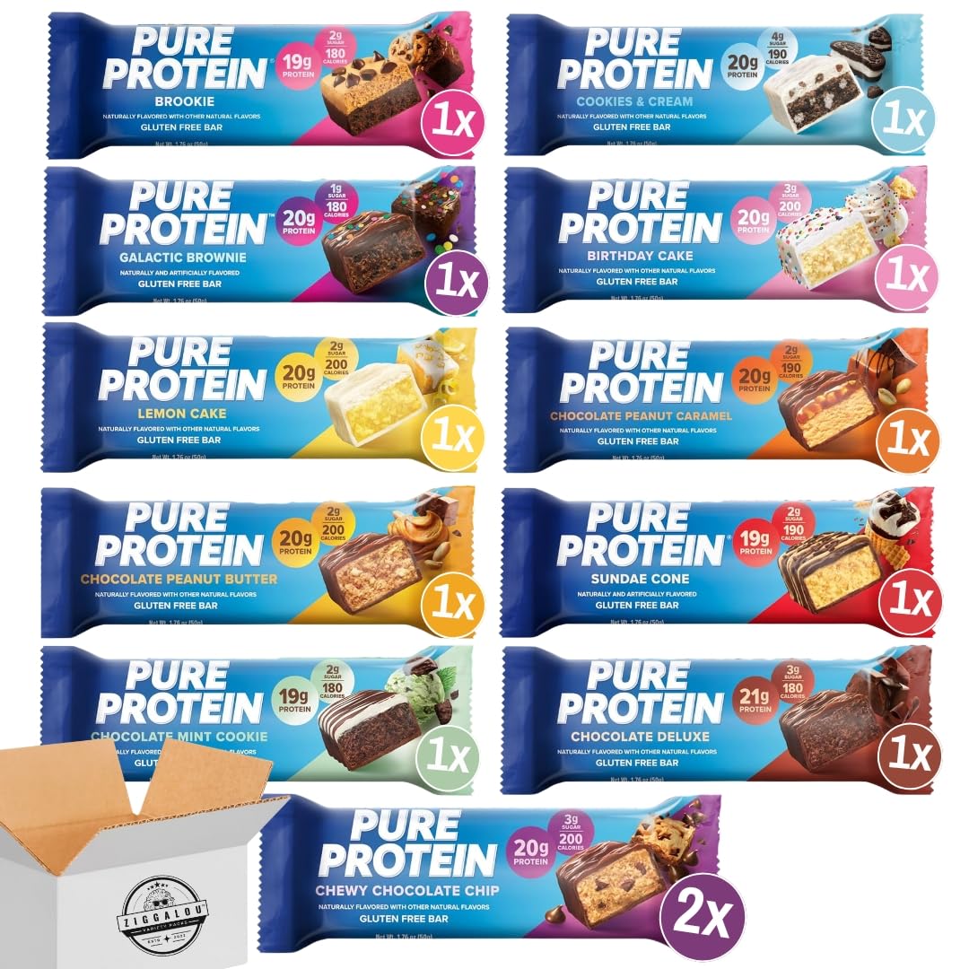 ZIGGALOU® Variety Gift Basket Assortment of Pure Protein Bars - 11 Flavors (12 Count), Gluten Free, Low Sugar