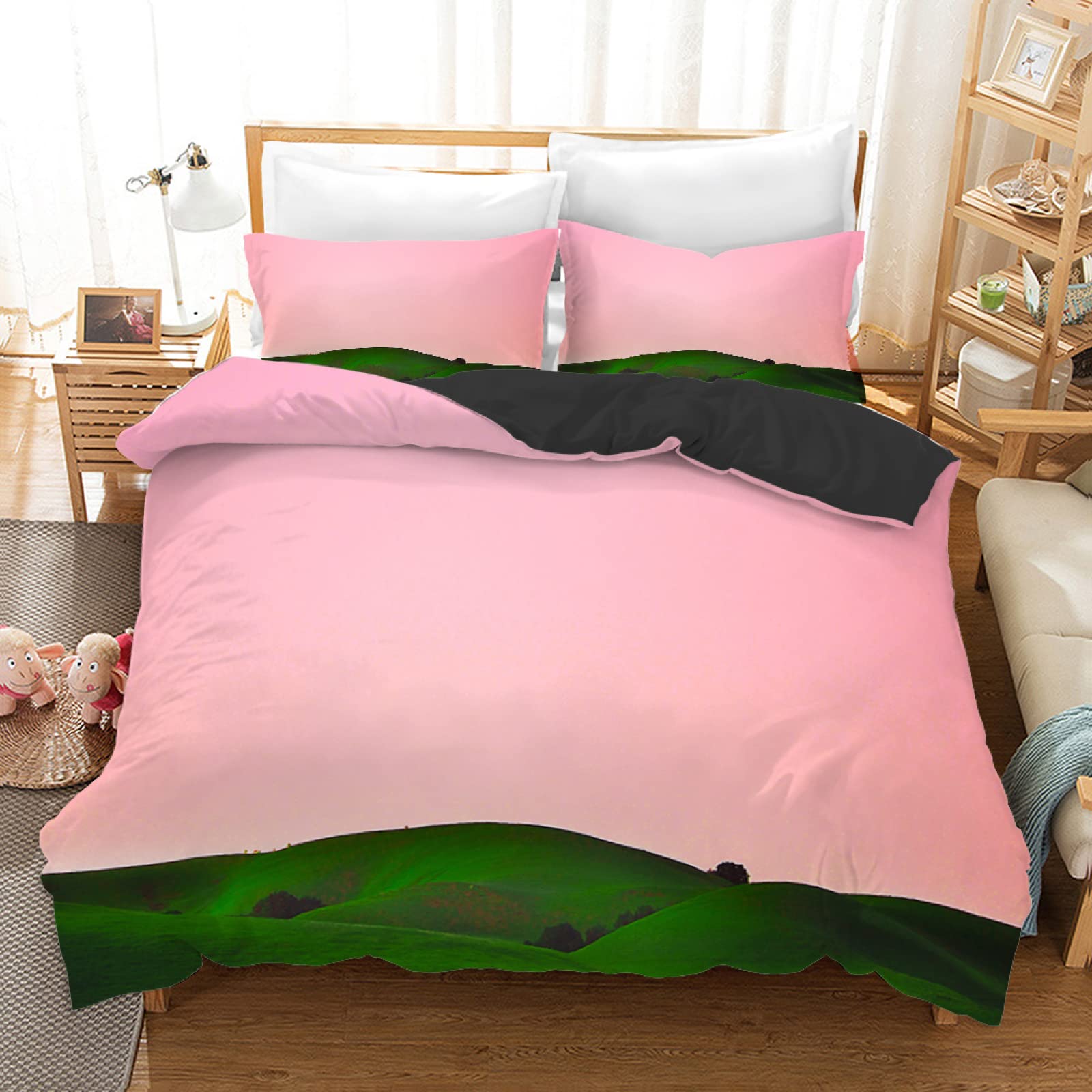 Housse de couette 160x200 ciel rose en microfibre avec 2 taies d'oreiller