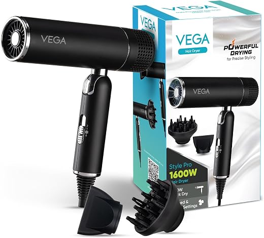 Vega Style Pro 1600W Foldable Hair Dryer with 2X Faster Drying, 3 Heat and 2 Speed Settings, Concentrator Nozzle &amp; Diffuse...