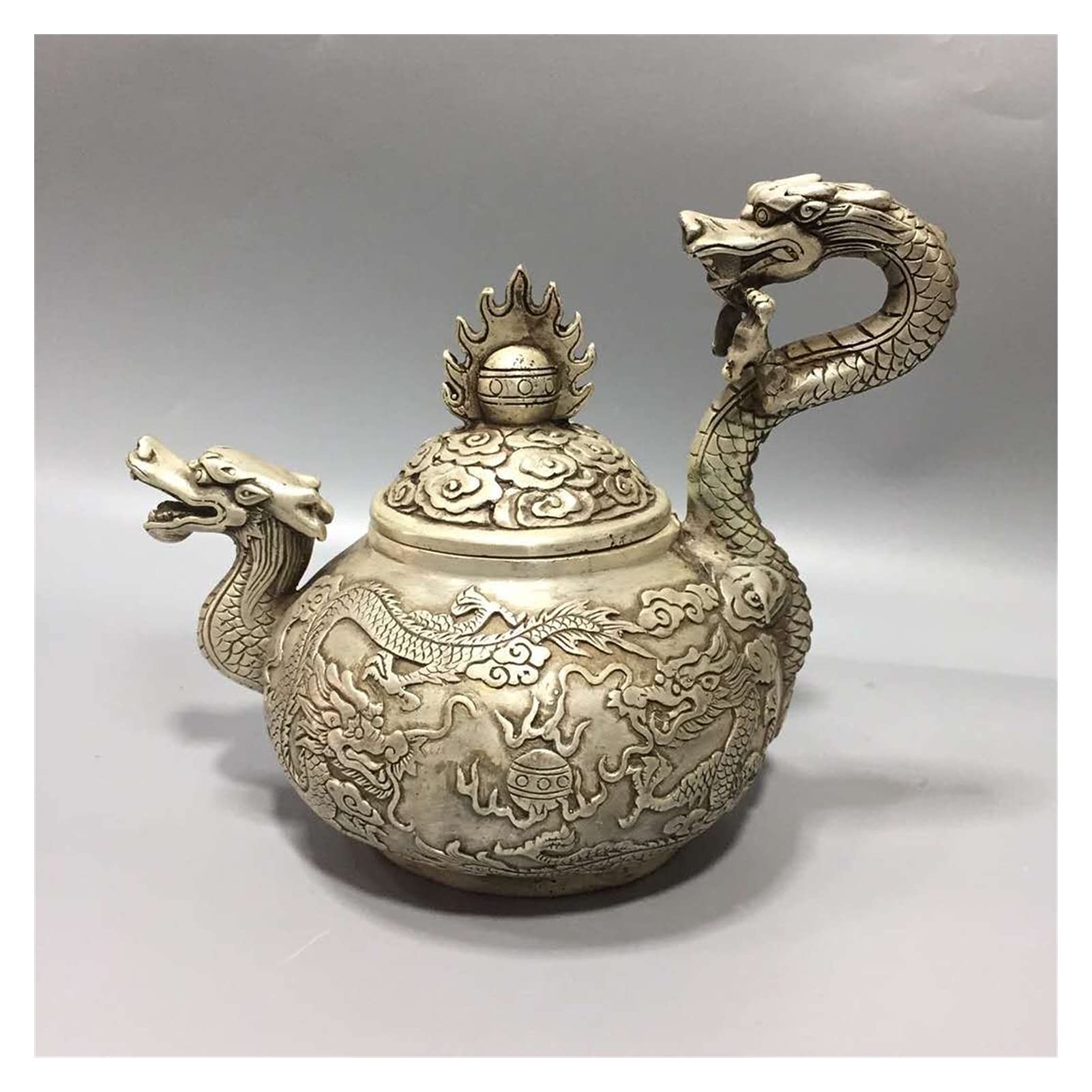 China Wind Old Tree White Copper Dragon Handle Tea Pot Crafts Statue Chapter (Color : White copper, Size : 17cm*14.5cm)