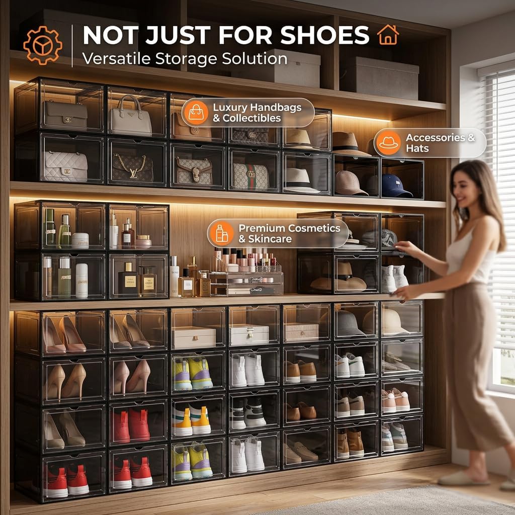 Large Black Shoe Storage Boxes Stackable, 12 Pack Hard Plastic Shoe Storage Organizer with Magnetic Door, Shoe Container Sneaker Storage Display Case Fit up to US Size 12 Black
