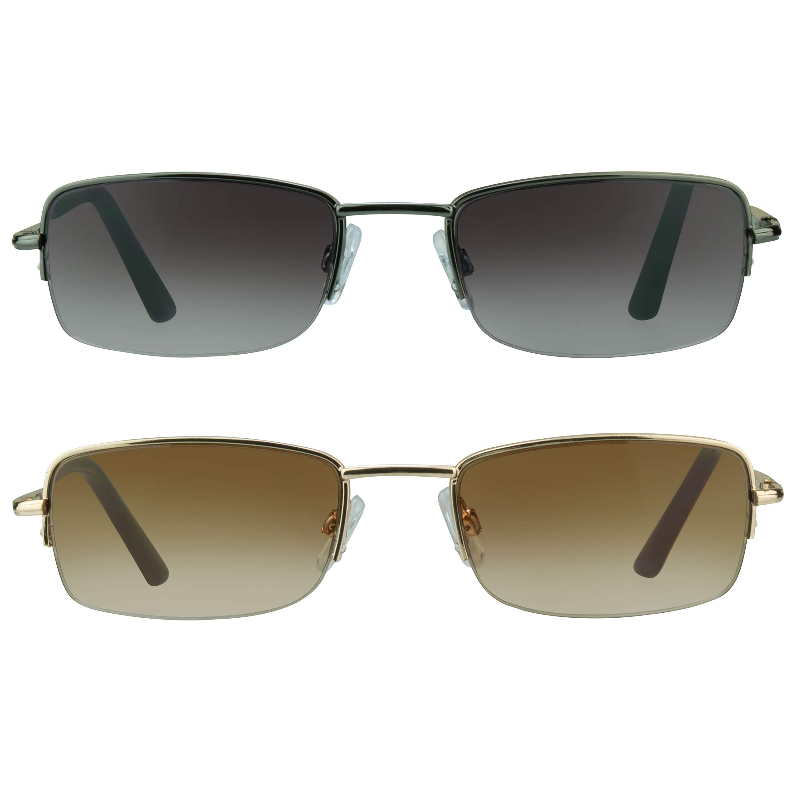 proSPORT Full Lens Reading Sunglasses +2.00 Smoke Lens Gunmetal & Brown Lens Gold Frame NOT BIFOCAL Sun Readers, Semi Rimless Square Frame NOT BIFOCAL