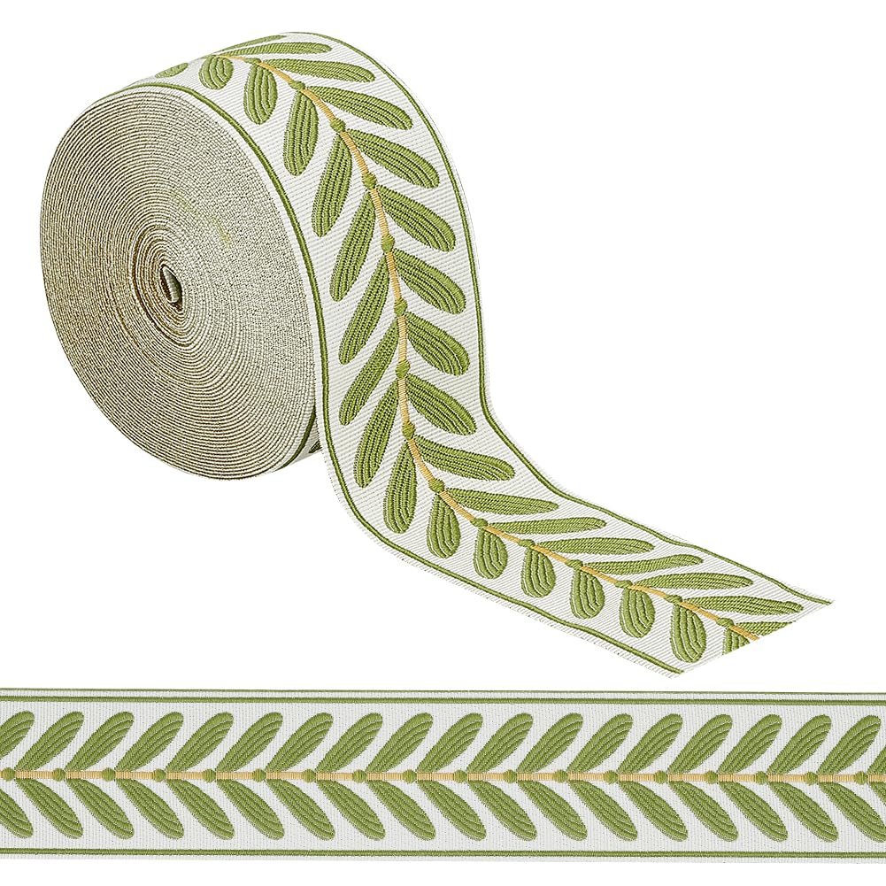 OLYCRAFT 10.9Yards Jacquard Ribbon Trim 2.4 Inch Leaf Pattern Jacquard Polyester Ribbons White Green Leaf Jacquard Woven Embroidery Trim for DIY Sewing Crafts Handmade Bag Belts Clothing Decoration