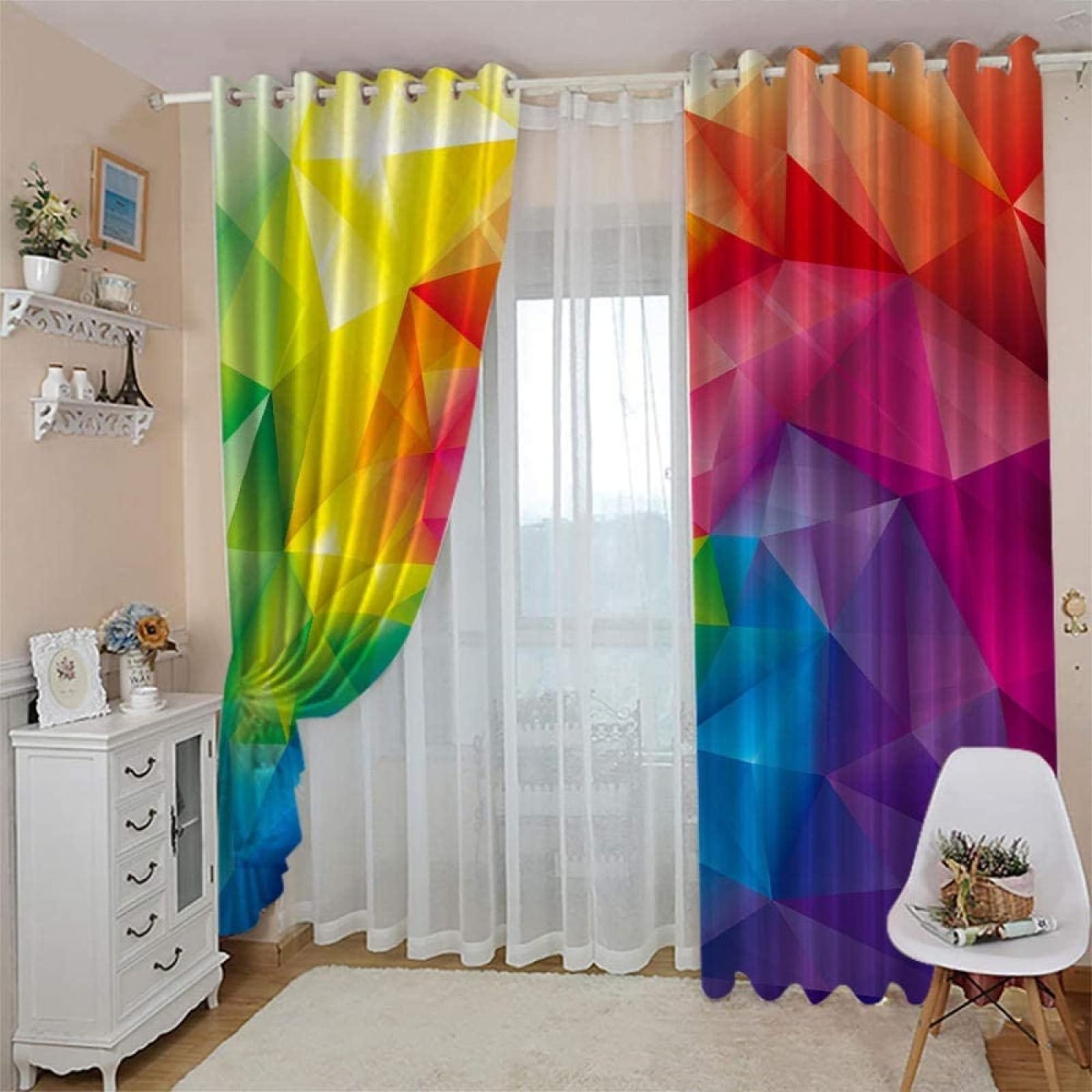 Raniel Rideaux Art Géométrique Occultants Isolant Thermique, Rideau Multicolore Occultant à Oeillets Imprimé en 3D Rideaux Chambre Salon Moderne, Lot de 2 Rideaux 117x230 cm