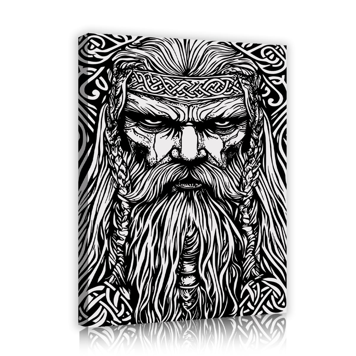TOANGWALL Bearded Man Portrait Canvas Wall Art Viking Warrior Woodcut Style Print Monochrome Tribal Illustration Mural Pictures for Studio Club Hallway Decor 50x60cm
