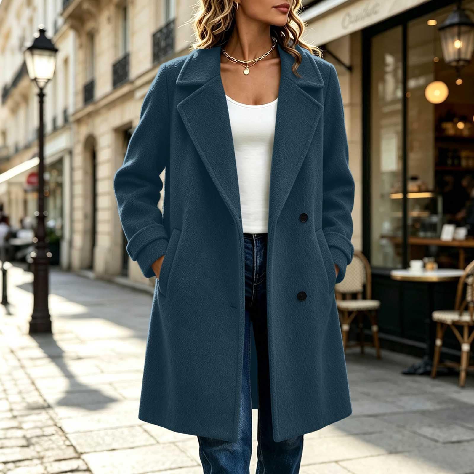 Wollmantel Damen Winter Wollwalk Jacke Mittellang Coat Reverskragen