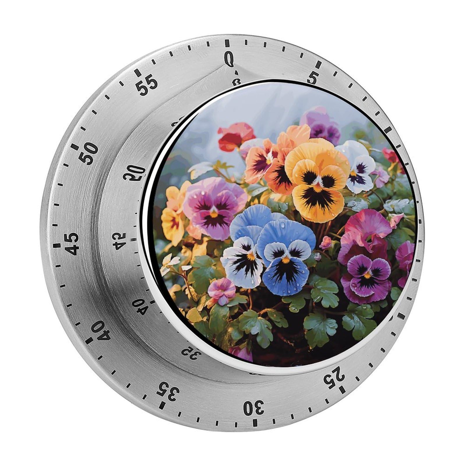 Temporizador de cocina de acero inoxidable magnético Pansy Flowers con diseño duradero