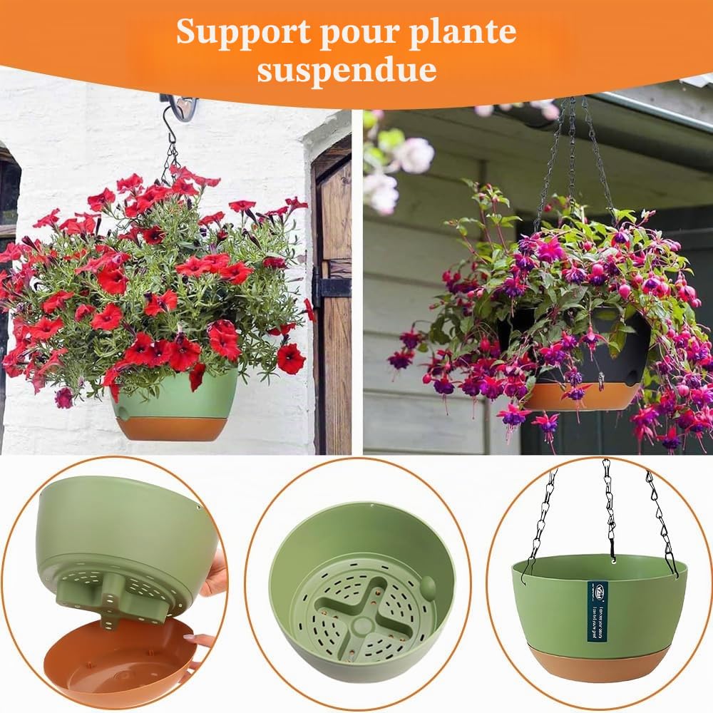 Lot de 3 pots de fleurs suspendus avec trous de drainage et soucoupes, support de plantes à suspendre pour intérieur et extérieur, panier suspendu pour plantes et fleurs (gris foncé)