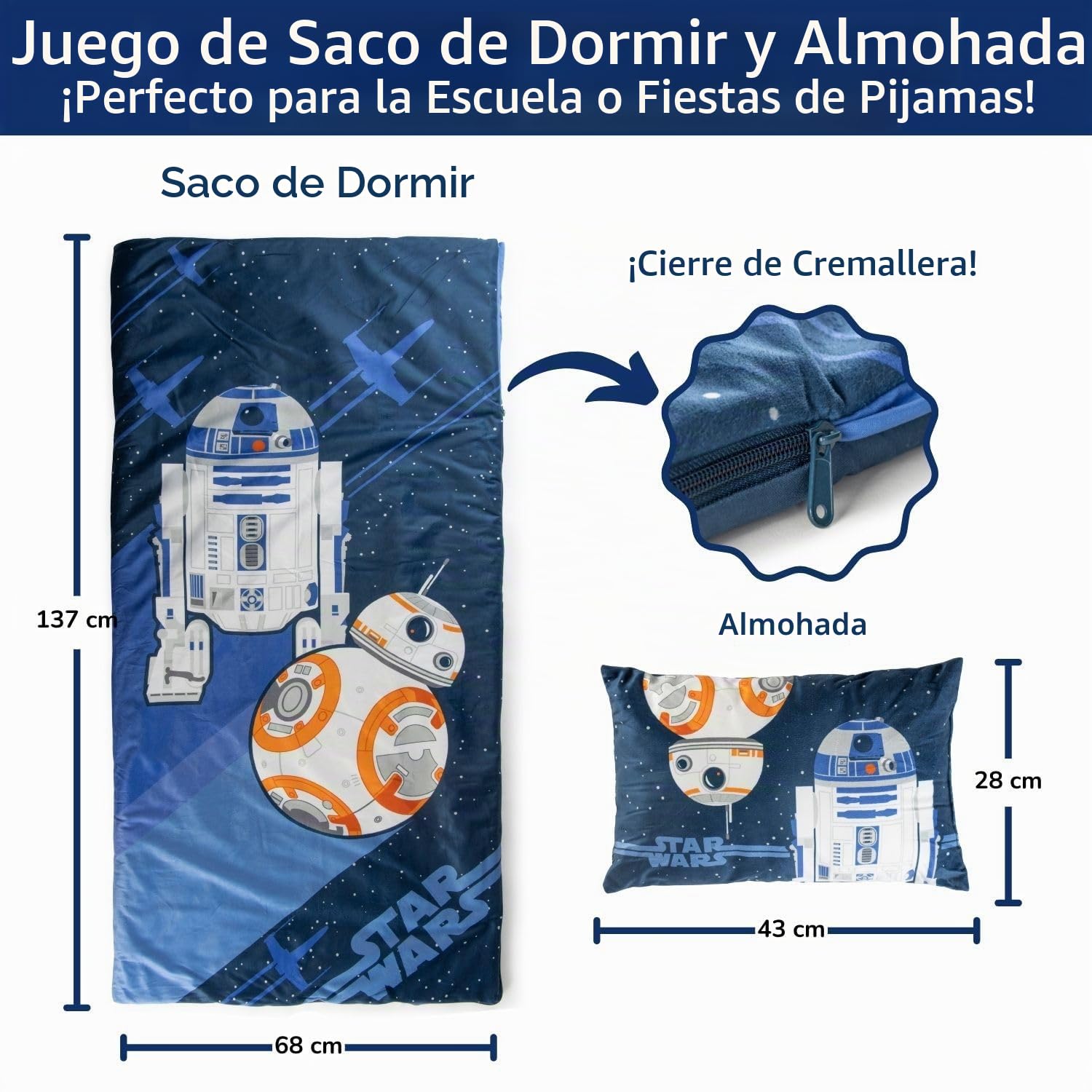 Set de 2 con Almohada y Manta de Star Wars, Suave Saco de Dormir Infantil con Bolsa y Almohada, para Fiestas de Pijamas, Viajes y acampadas