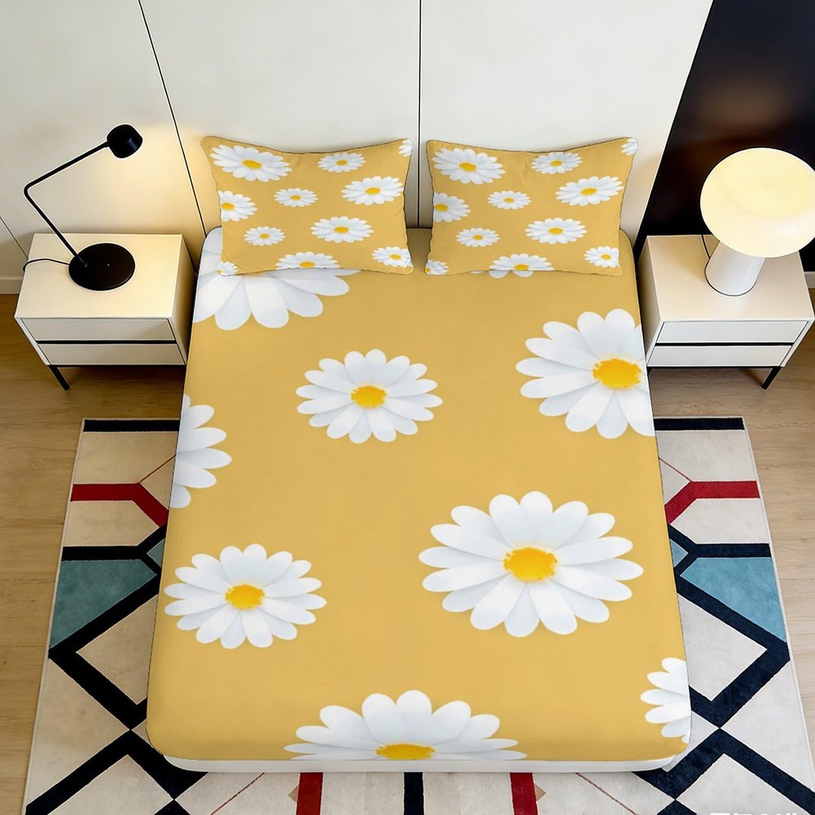 Decor Yellow Daisy Fitted Sheet, 3D Printed, Microfiber Soft Touch, Wrinkle Resistant, Guest Room Bedding, Mattress Cover, Easy Care, Stylish Home Decor, 120x200cm 90x200x25cm