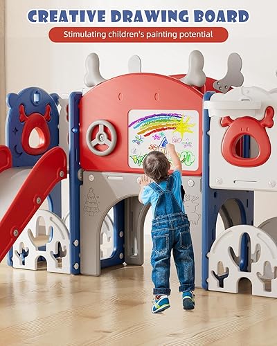 Miniatura 9 de YUFU Tobogán infantil 13 en 1 para niños pequeños, juego de tobogán con golf, tabla de dibujo, escalador, aro de baloncesto, espacio de