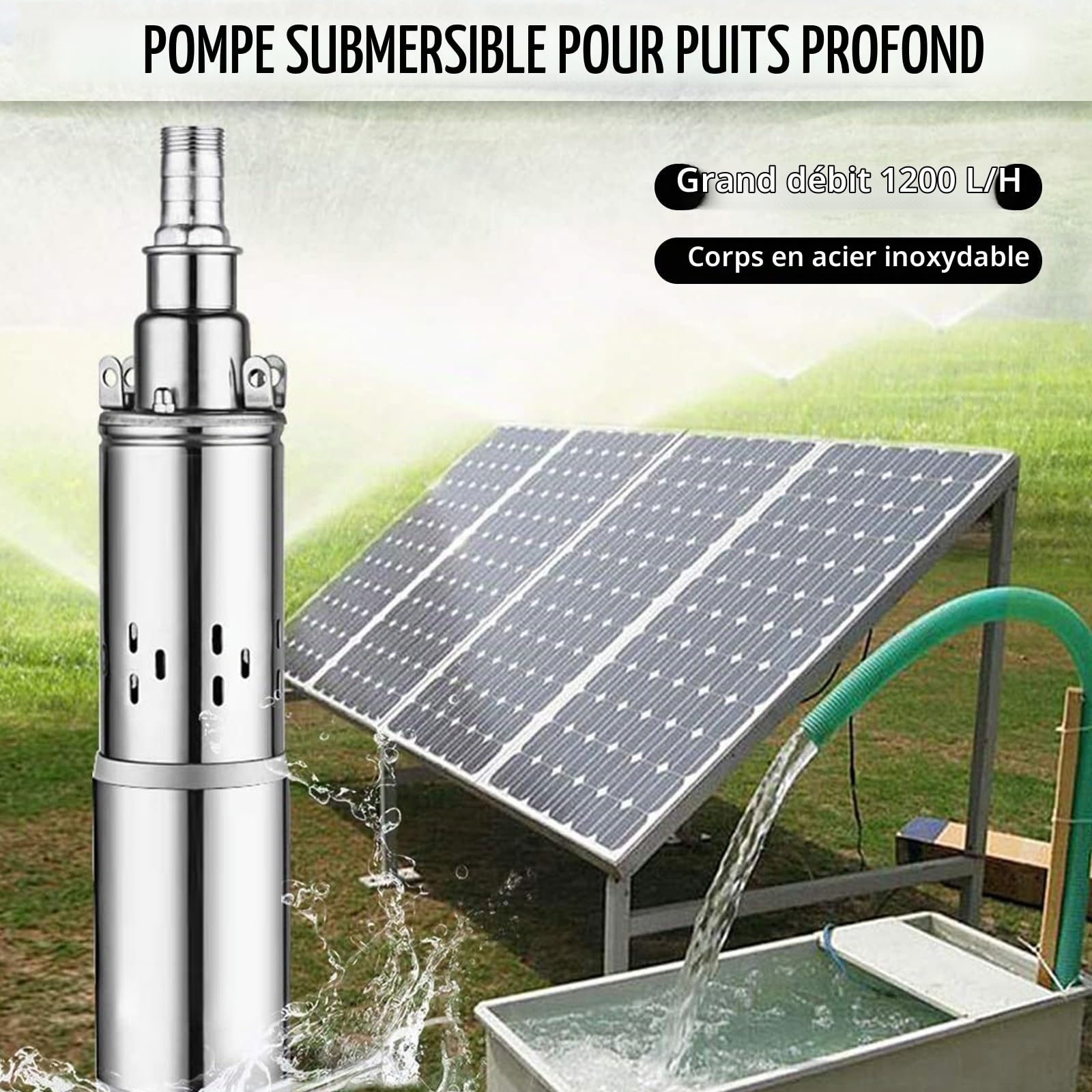Pompe Immergée Solaire pour Puits, Pompe Submersible de Puits Profond Automatique Usage Domestique Agricole Industriel