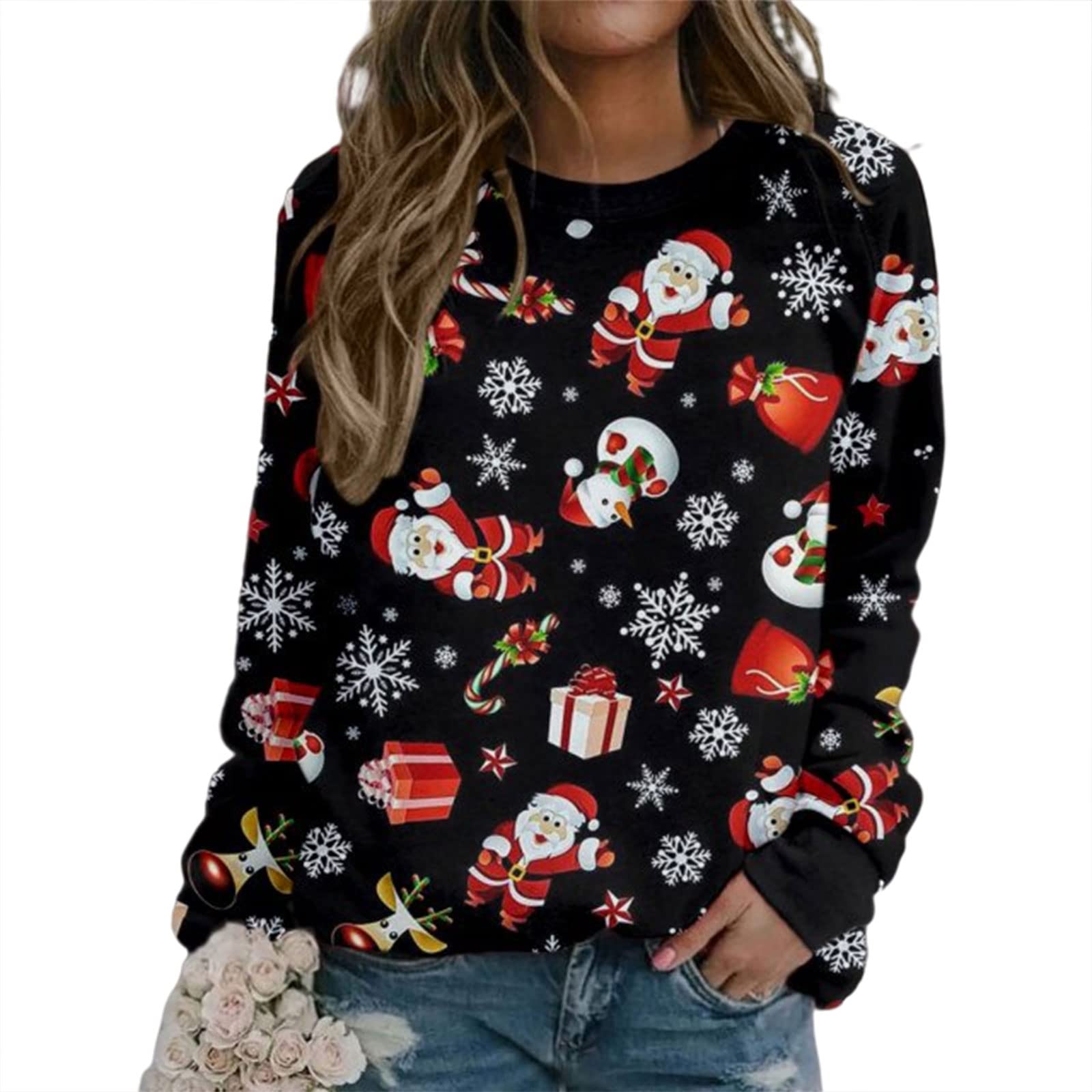 MOUSYA Christmas Sweatshirt Women Funny Ugly Christmas Pullover Shirt Xmas Holiday Santa Prints Long Sleeve Tops, Black, XL