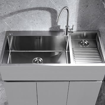 tainless Steel Kitchen Sink Laundry Utility Sink With Washboard Household Pool Balcony Room Wash Basin Easy Clean Double-Bowl with Faucet, 800mm/31.5Inch