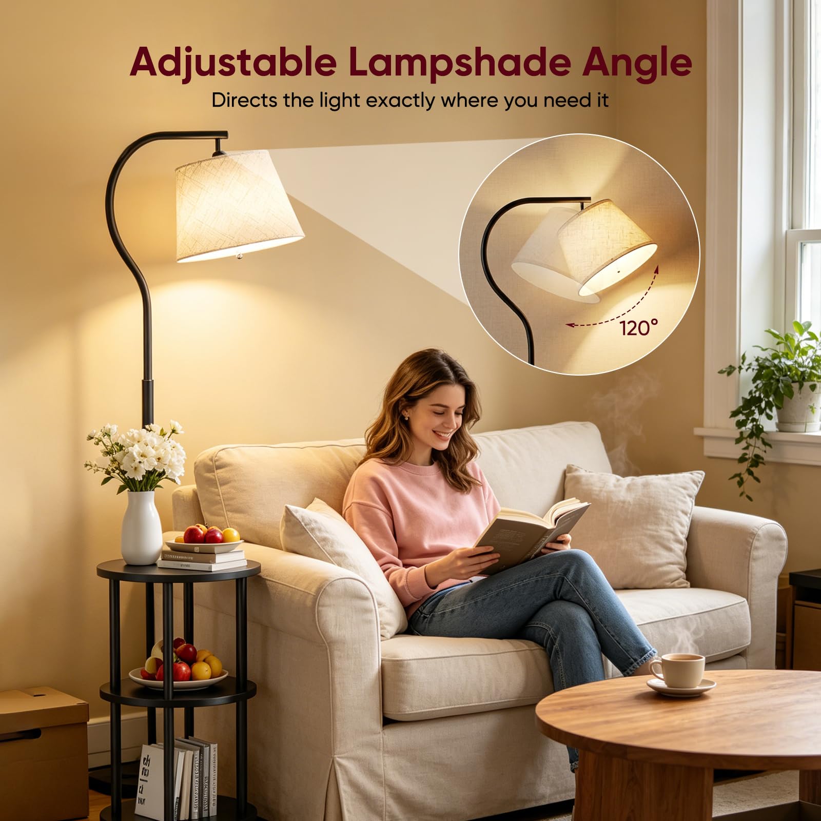 Stehlampe Wohnzimmer mit Ablage, LED Stehlampe, 3 Holzregale | 155 cm Stehlampe mit 3 Holzablagen, 3 Farbtemperaturen, 350° drehbar, E27, für Wohnzimmer, Schlafzimmer & Arbeitszimmer