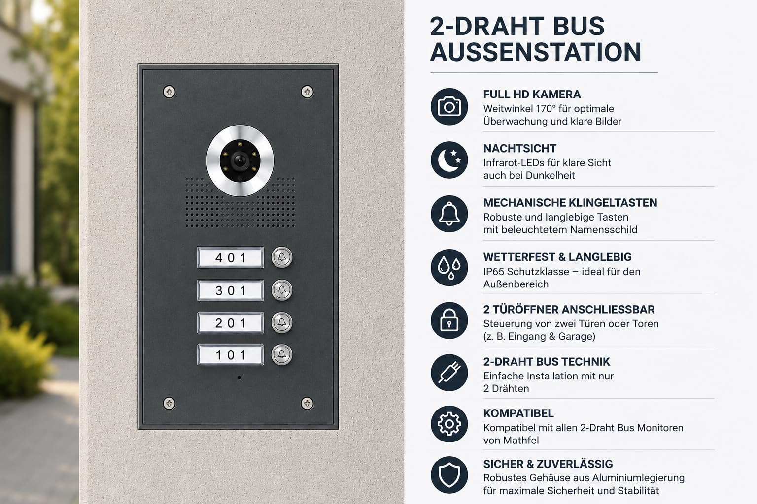 Mathfel 2-Draht Bus Video Türsprechanlage für 4 Familienhaus – 4X 7 Zoll Monitor Weiß – Edelstahl Außenstation Anthrazit beschichtet – Full HD Kamera – Unterputz