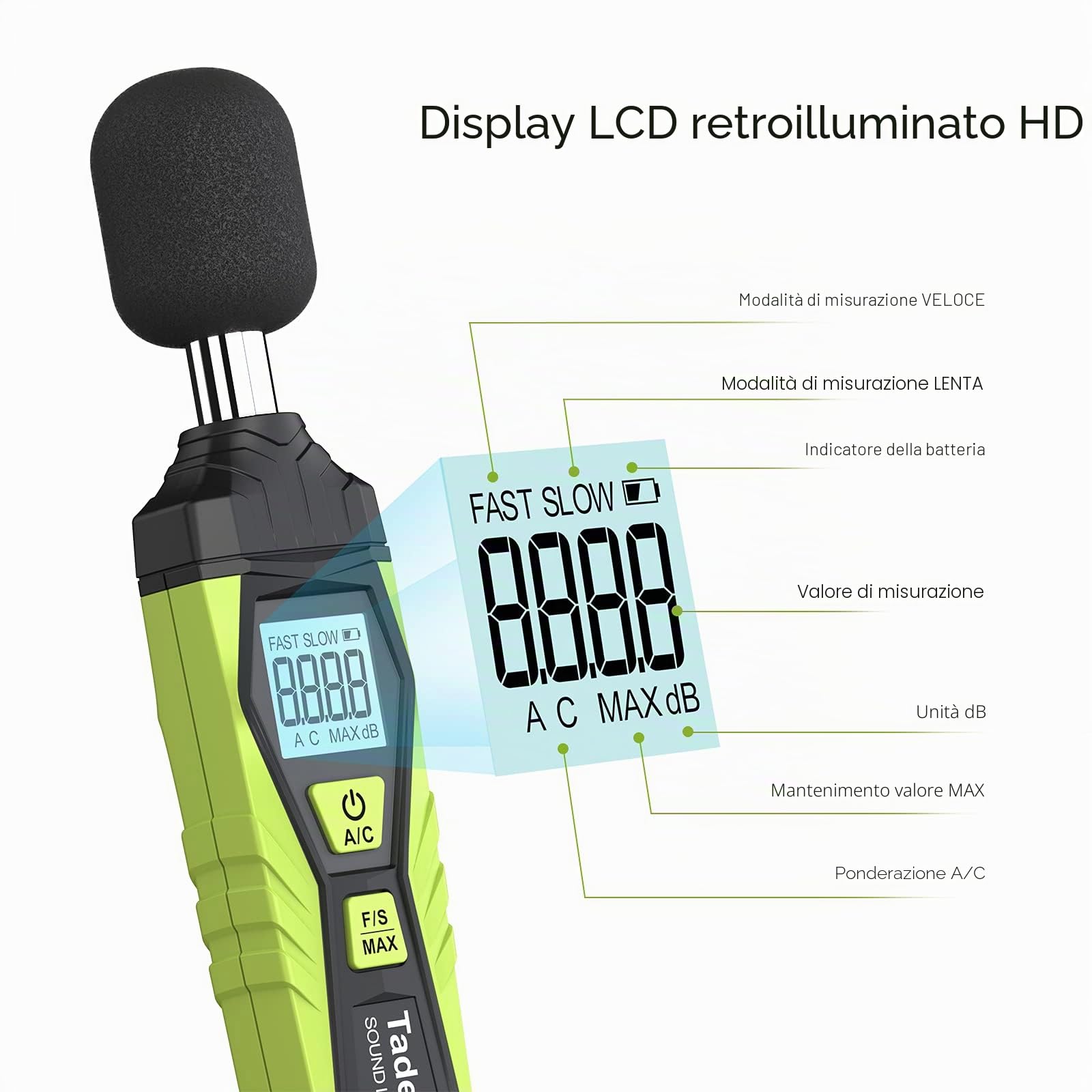Fonometro Tadeto Fonometro Professionale Portatile da 30dB a 130dB con Display LCD A/C Pesato per le Fabbriche di Casa