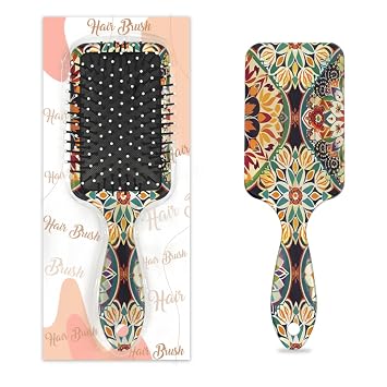 Curly Massage Paddle Hair Brush - Ethnic Boho Mandala Floral Anti Static Detangling Hair Brush for Women Curly and Wet,Dry