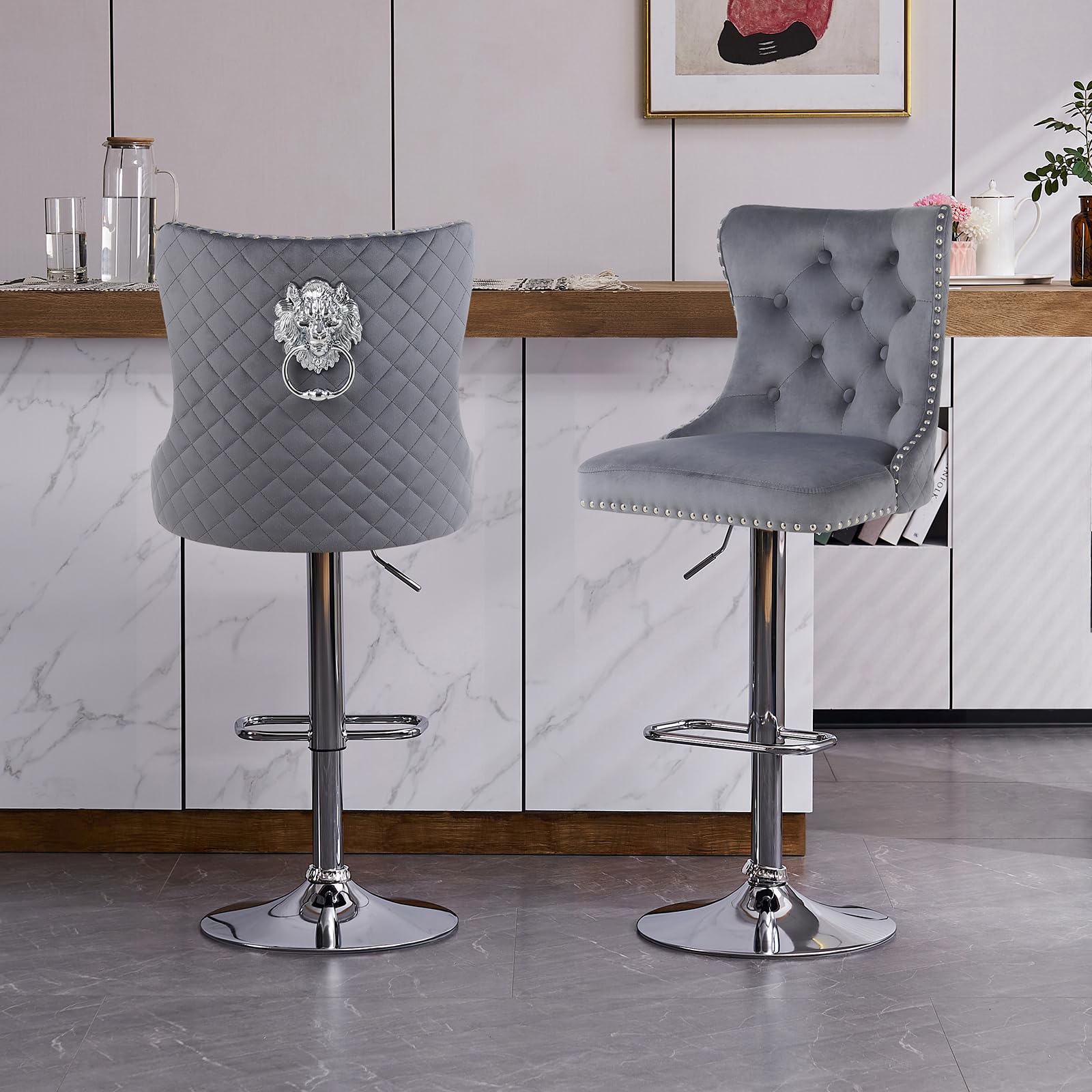 KHISCHMO Set of 2 Luxury Velvet Bar Stools, 360° Swivel Adjustable Counter Height Chairs with Lion Knocker, Gold Metal Base, Upholstered Breakfast Stools for Kitchen Island Bar, Grey