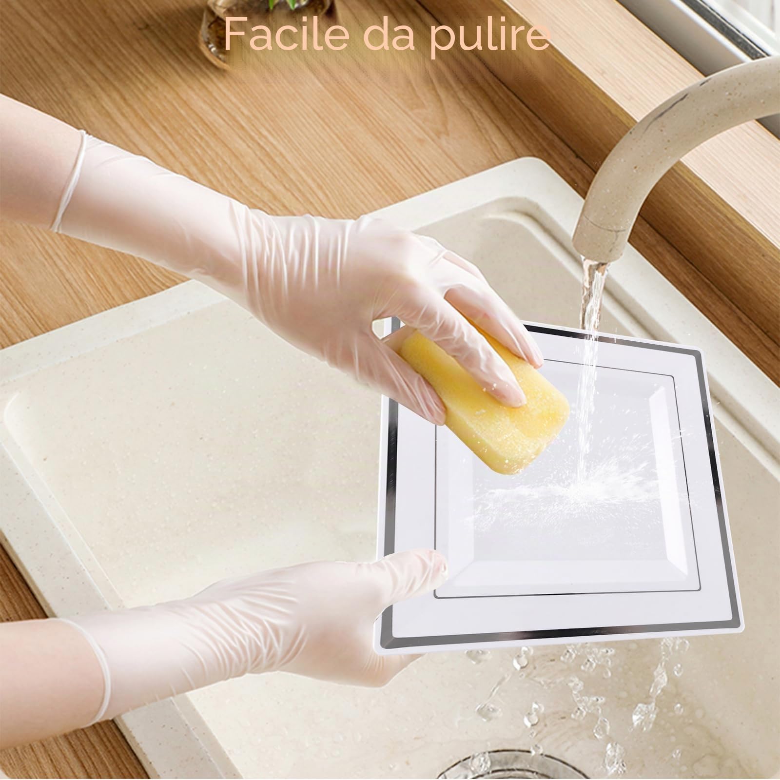 50 piatti rettangolari in plastica con bordo argento (2 misure, 16,5 x 16,5 cm/24 x 24 cm), riutilizzabili piatti da portata bianchi, carne, pesce, sushi, insalata, antipasti