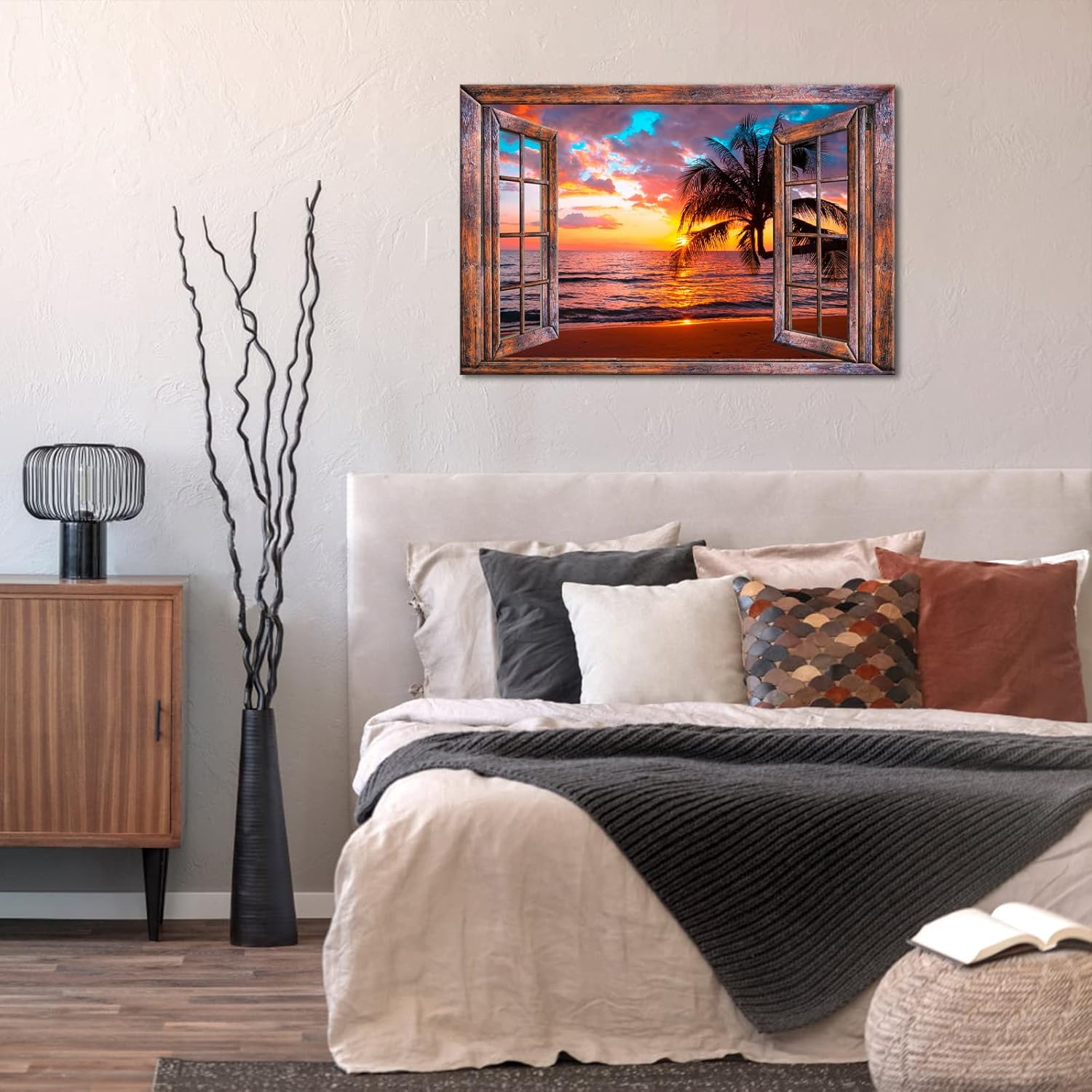 LyerArtork Window View of Hawaii Seascape Canvas Wall Art Tropical Palm Tree Picture Prints Sunset at Ocean Landscape Painting Nature Scenery Artwork for Bathroom Office Bedroom Decoration 24x36inch