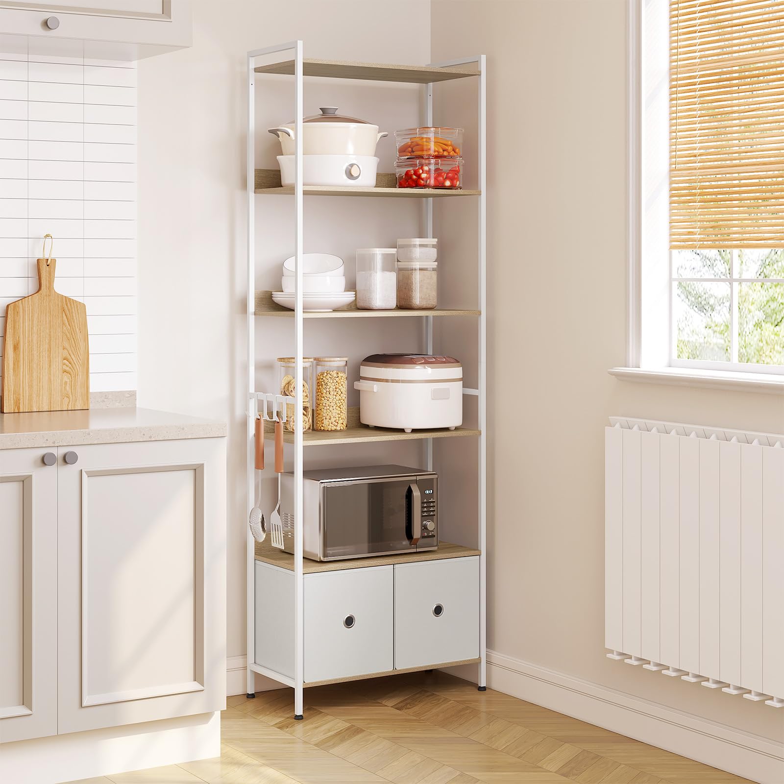 WOLTU Libreria a 5 Piani con 2 Cassetti, Scaffale di Stoccaggio a Pavimento, Moderno, Struttura in Acciaio, Soggiorno/Ufficio/Studio/Cucina/Camera da Letto, Rovere Chiaro+Bianco, RGB62whe