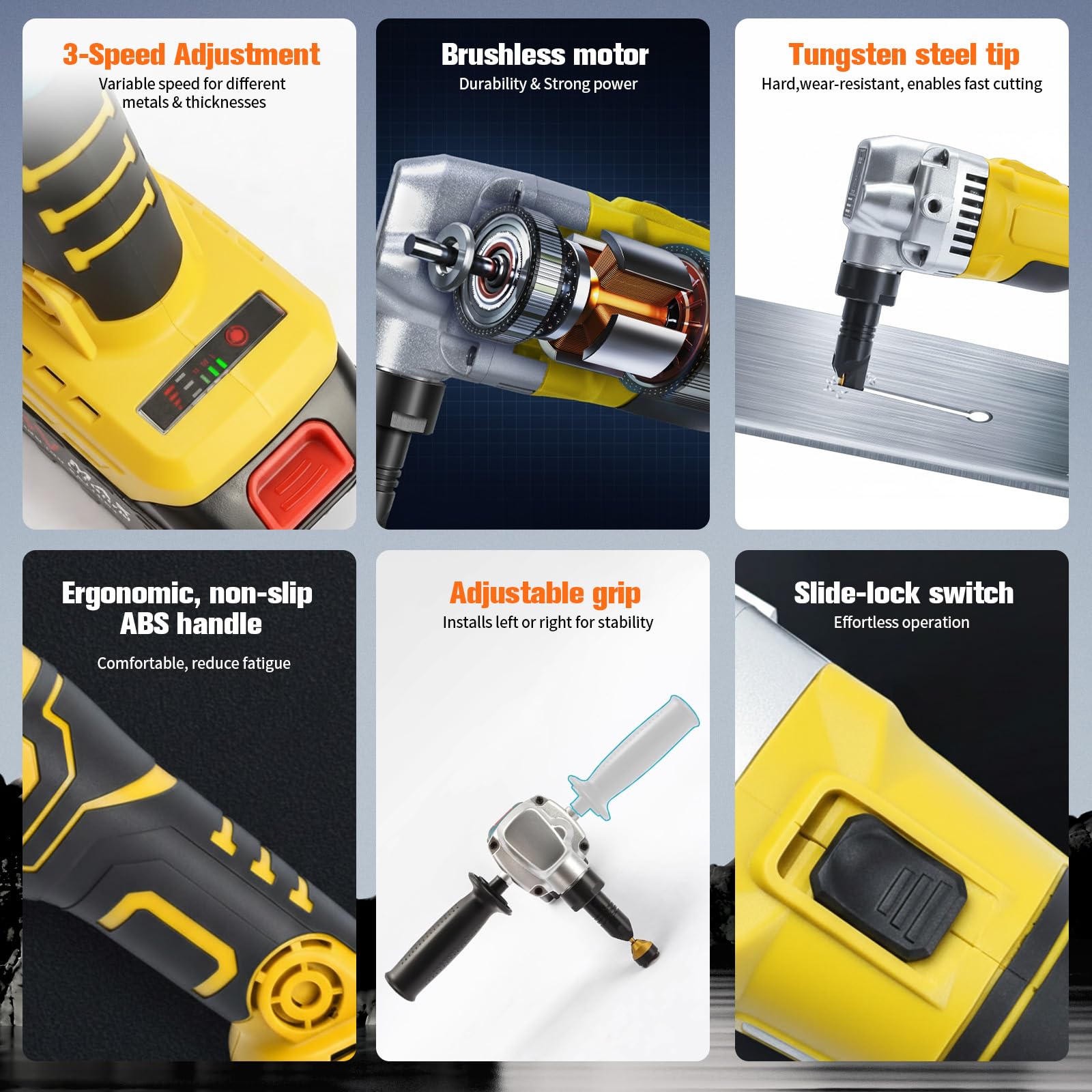 Grignoteuse de tôle compatible DeWalt 20 V, tête rotative 360°, 3 vitesses, moteur sans balais, acier inoxydable, aluminium