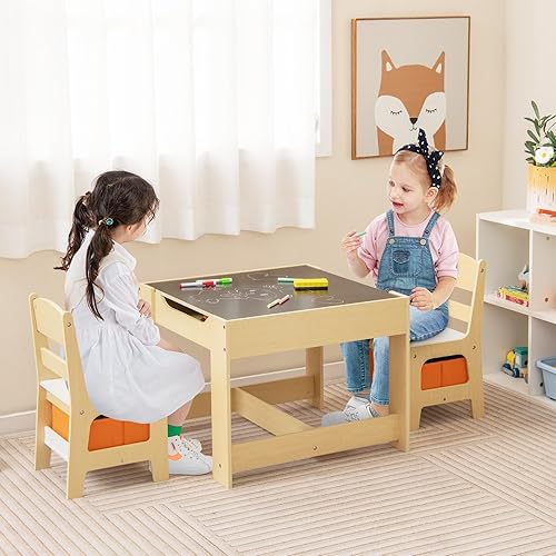 Miniatura 9 de Fireflowery - Juego de mesa y silla para niños, mesa de actividades de madera 3 en 1 con cajón de almacenamiento y pizarra desmontable, escritorio