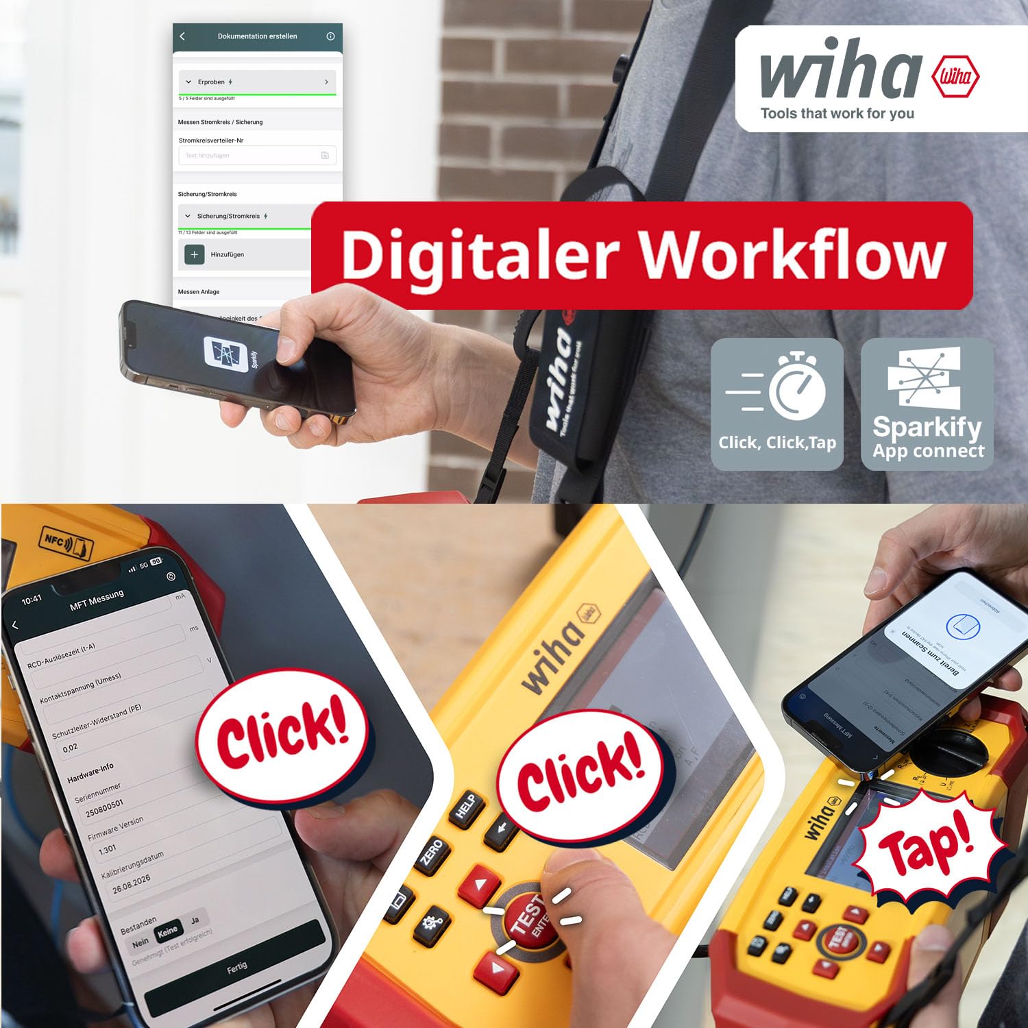 Wiha Wielofunkcyjny tester instalacyjny MFT One Set I miernik zgodny z normą DIN VDE 0100 z dokumentacją NFC, testem AUTO-Test i testem RDC-DD w walizce z paskiem do noszenia, adapterem EVSE i etui na