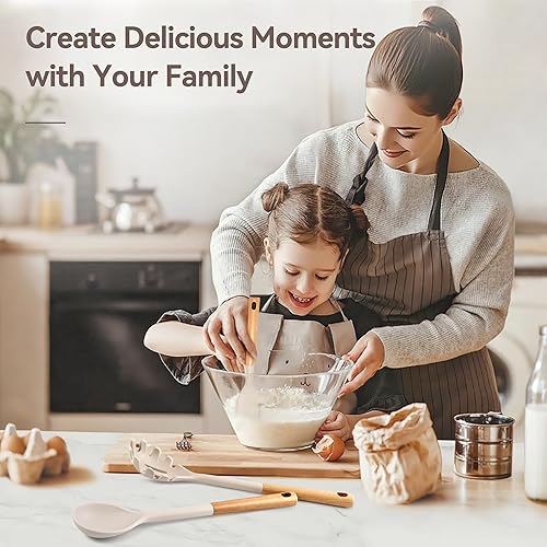 Miniatura 2 de Juego de utensilios de cocina, juego de 6 utensilios de cocina de silicona antiadherente grande, mango de madera, resistente al calor, espátula de