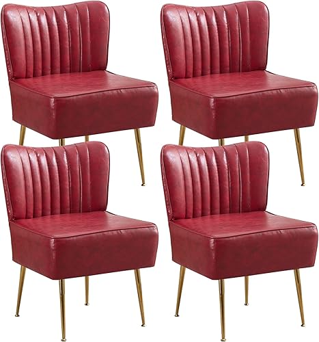 Miniatura 10 de Moderno juego de 3 sillas decorativas de piel sintética, tapizadas, con respaldo de alas sin brazos con patas doradas, cómodo sofá individual, Rojo